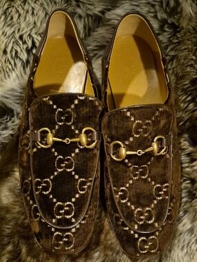 Gucci Brown Velvet GG Horsebit Loafers